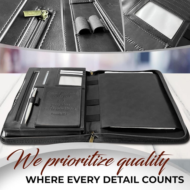 DEHITE Leather Portfolio for Men and Women - Christian Religious Gifts - Padfolio with Laptop Pocket - Letter Size Organizer for Bible Notebook Notepad - Black Full Grain Zipper Binder - Image 4